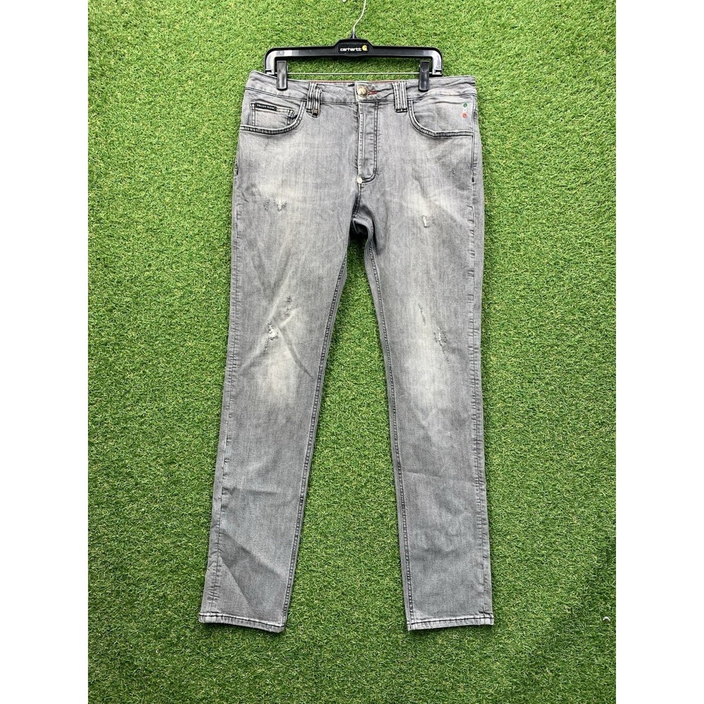 Philipp Plein Distressed Baggy Jeans Mens 36 Straight Cut Black Illegal Stone